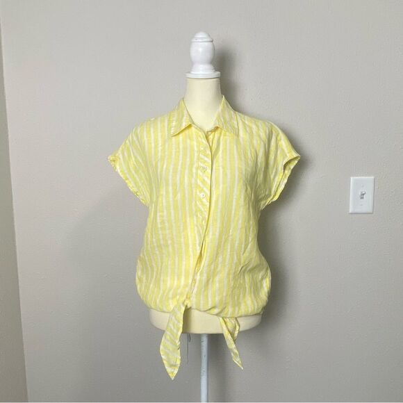 Talbots LINEN TIE HEM BUTTON FRONT TOP - SEASHORE STRIPE Women's Size Small - Picture 11 of 14
